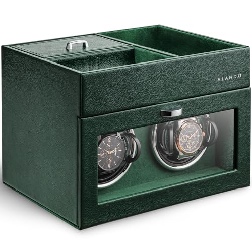 VLANDO Automatic Double Watch Winder Watch Winder Box with Men Jewelry Organizer Tray Japanese Quiet Motor LED Light Adjustable Watch Pillows Green - Image 1