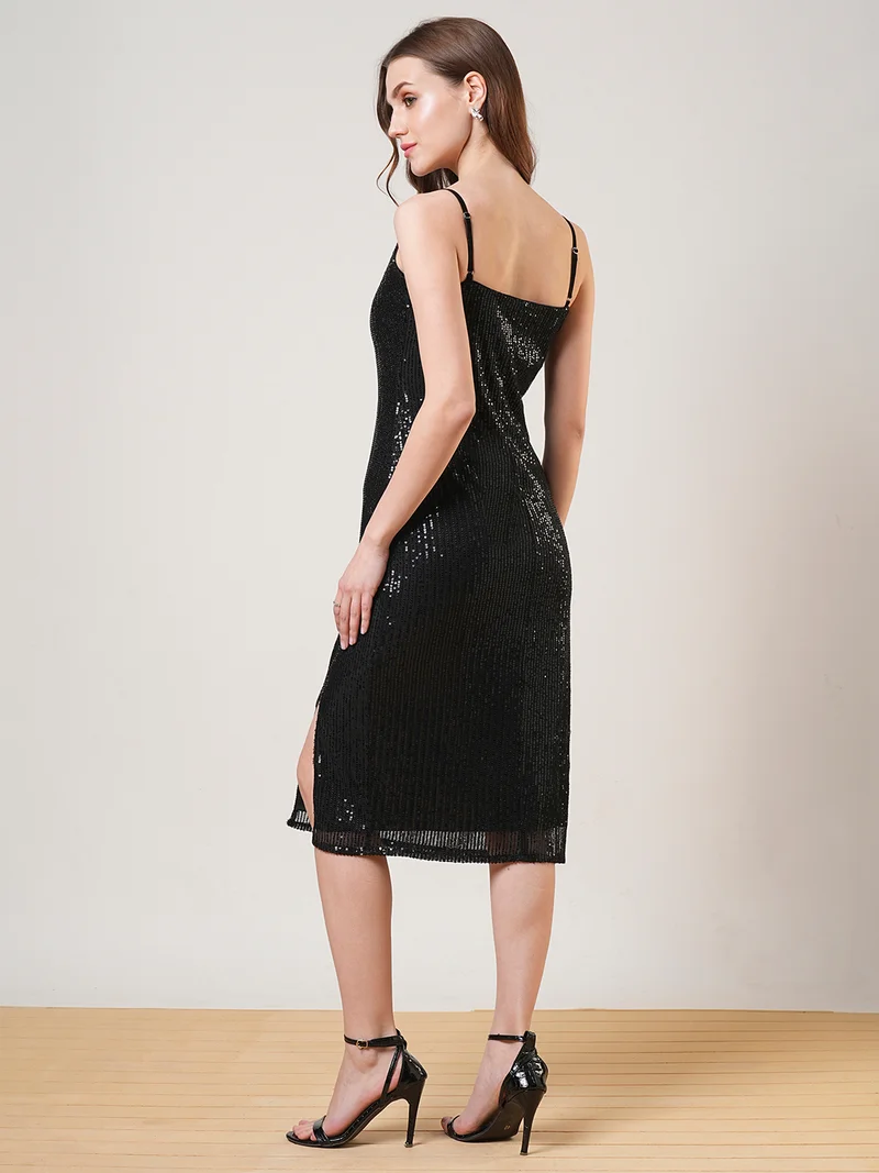 globus Women Cowl Neck Strappy Shoulder Sequinned Side Slit Bodycon Midi Party Dress