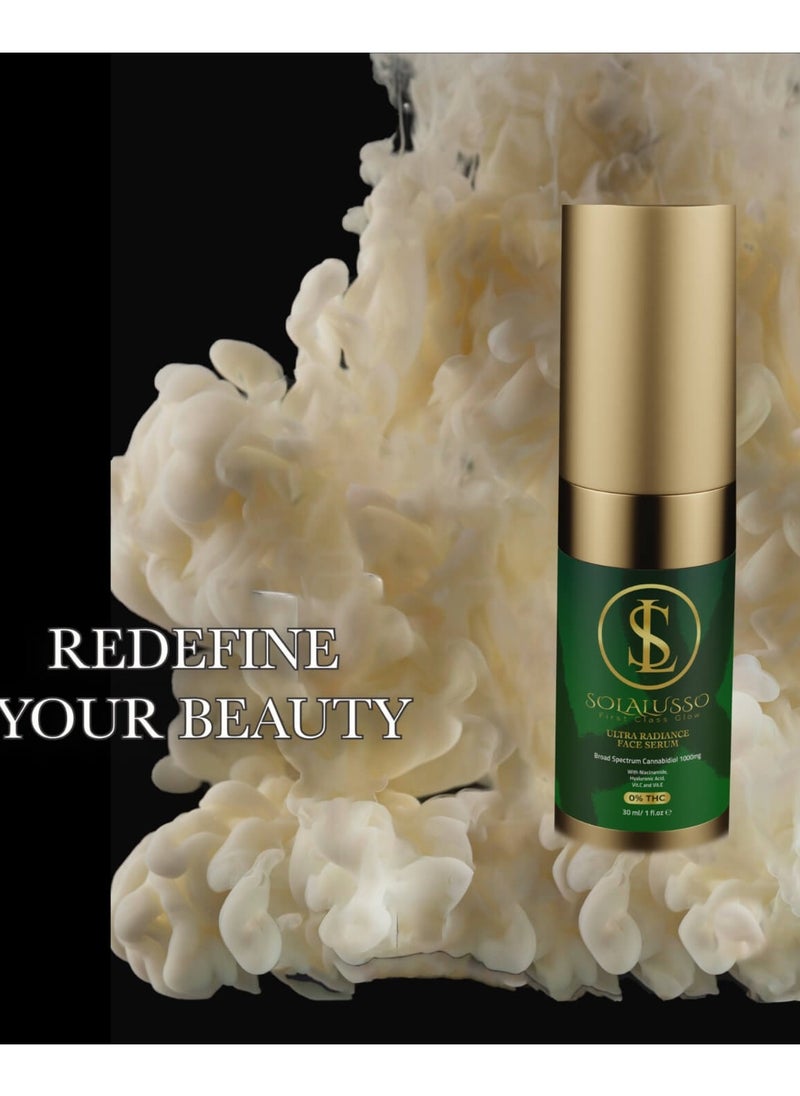 SOLALUSSO - 2 in 1 Luxury High Concentration Cannabidiol (CBD) Face Serum 1000mg with Vitamin C, E, Hyaluronic Acid, and Niacinamide For Moisturizing, Soothing, and Minimizing Fine Lines and Wrinkles - Image 1