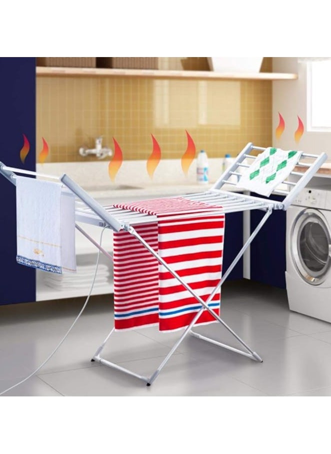 Electric Clothes Airer Power 220W Folding Clothes Airer with 18 Rails Clothes Airer Aluminium Cloths (148 x 53 x 90 cm) Clothes Drying Rack, Height-Adjustable, Metal Clothe Airer, Winged Laundry Rack.