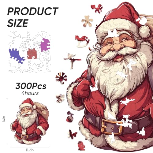 Qiuenisray 300 Pieces Wooden Puzzles for Adults Santa Claus Jigsaw Puzzles for Kid Grandkid Christmas Unique Shape Adult Puzzles Wood Puzzles Creative Gift for Teengers 112x14 in - Image 5