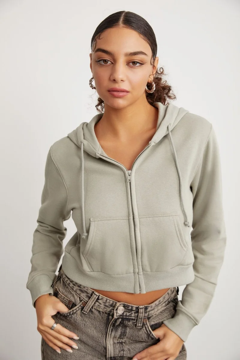GRIMELANGE Delia Women's Crop 3 Yarn Raised Knit Relaxed Fit Zippered Hooded Almond Green Sweatshirt