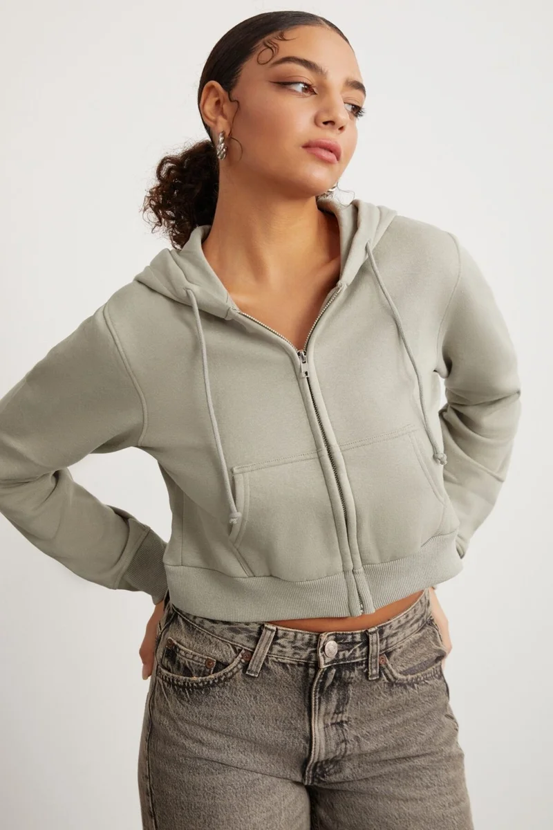 GRIMELANGE Delia Women's Crop 3 Yarn Raised Knit Relaxed Fit Zippered Hooded Almond Green Sweatshirt