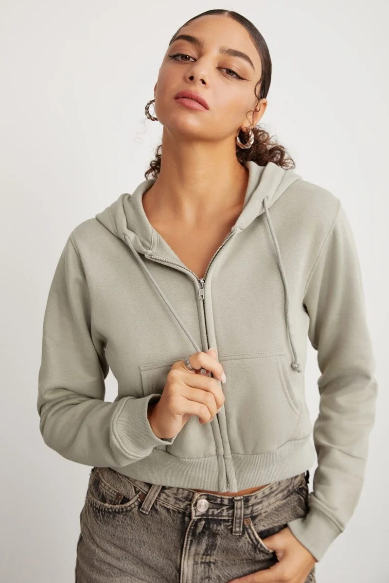 GRIMELANGE Delia Women's Crop 3 Yarn Raised Knit Relaxed Fit Zippered Hooded Almond Green Sweatshirt