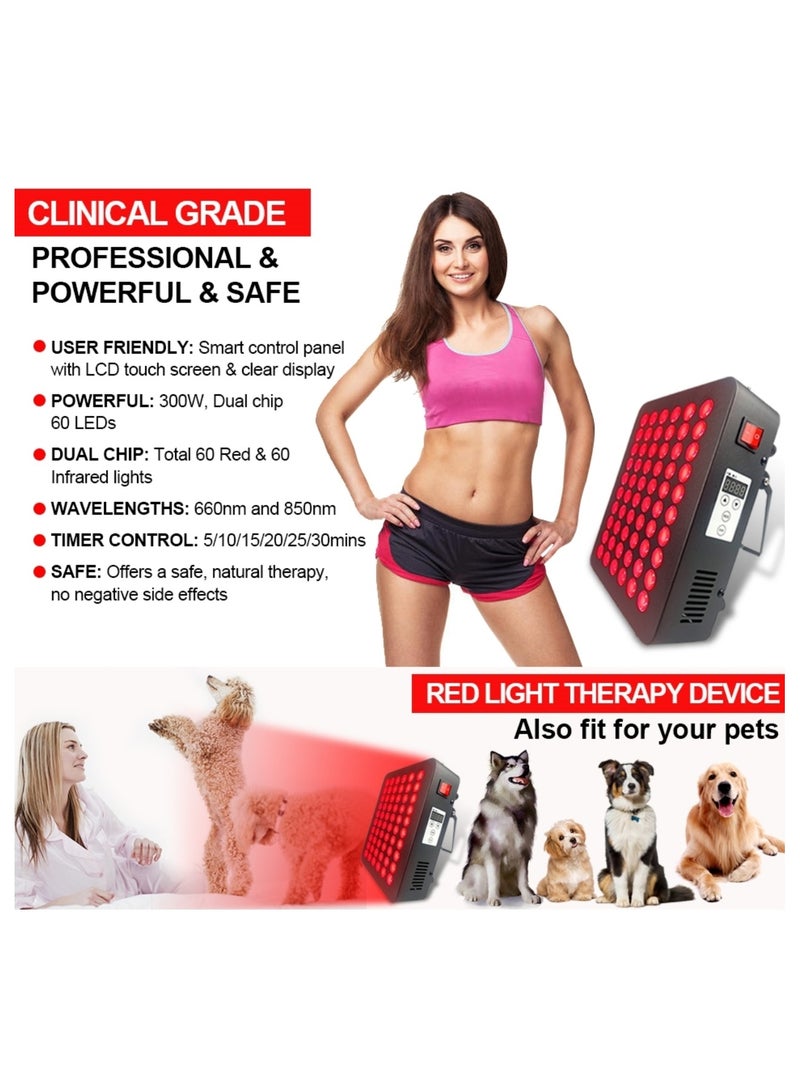 Red Light Therapy Device for Body 300W 660nm 850nm Near Infrared Light Therapy with Timer 60 LEDs High Power Red Light Therapy Panel for Pain Relief Skin Health