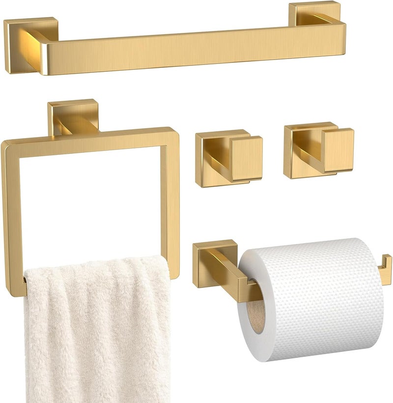 PAHSFS Bathroom Accessory Towel Bar Set: 5 Pieces Gold Bathroom Hardware Square SUS304 Stainless Steel - Wall Mounted Towel Rack&Toilet Paper Holder&Towel Ring and Towel Hook - Image 1