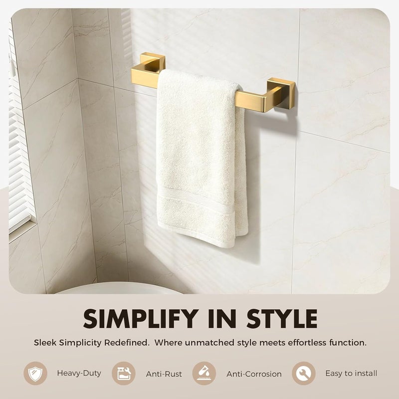 PAHSFS Bathroom Accessory Towel Bar Set: 5 Pieces Gold Bathroom Hardware Square SUS304 Stainless Steel - Wall Mounted Towel Rack&Toilet Paper Holder&Towel Ring and Towel Hook - Image 2