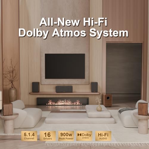 Hiwill-Audio True 5.1.4 Hi-Fi Surround Sound System with Dolby Atmos, 900W Home Theater Sound Bar for Smart TV, Center Channel Speaker with 4 Surrounds, 25Hz Subwoofer, Hi-Fi Grade Crossover, Soundbar eARC, BT 5.4 - Image 2