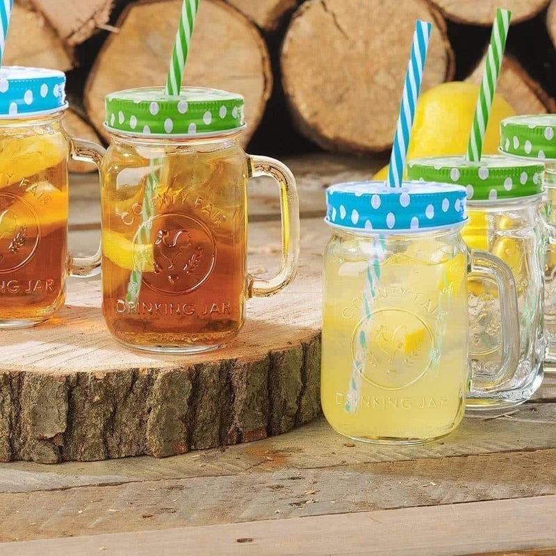 SAMJU SAMJU Glass Drinking Mason Jar Cups with Handle Reusable Straws Lids Handles 490 ML_Mix Dotted_Set of 4  - Image 2