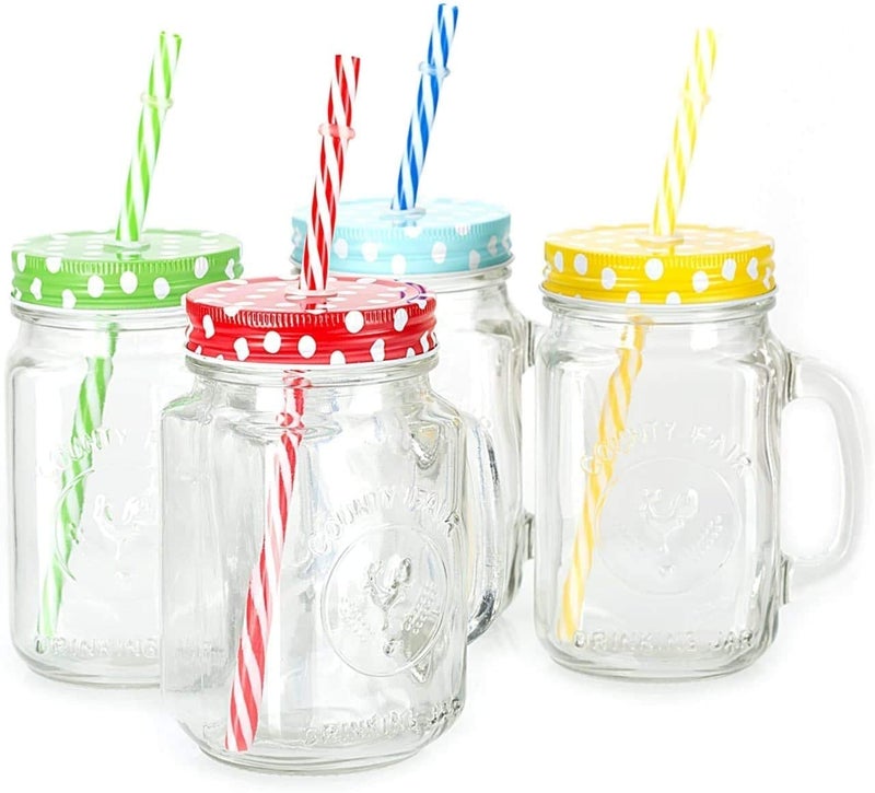 SAMJU SAMJU Glass Drinking Mason Jar Cups with Handle Reusable Straws Lids Handles 490 ML_Mix Dotted_Set of 4  - Image 1