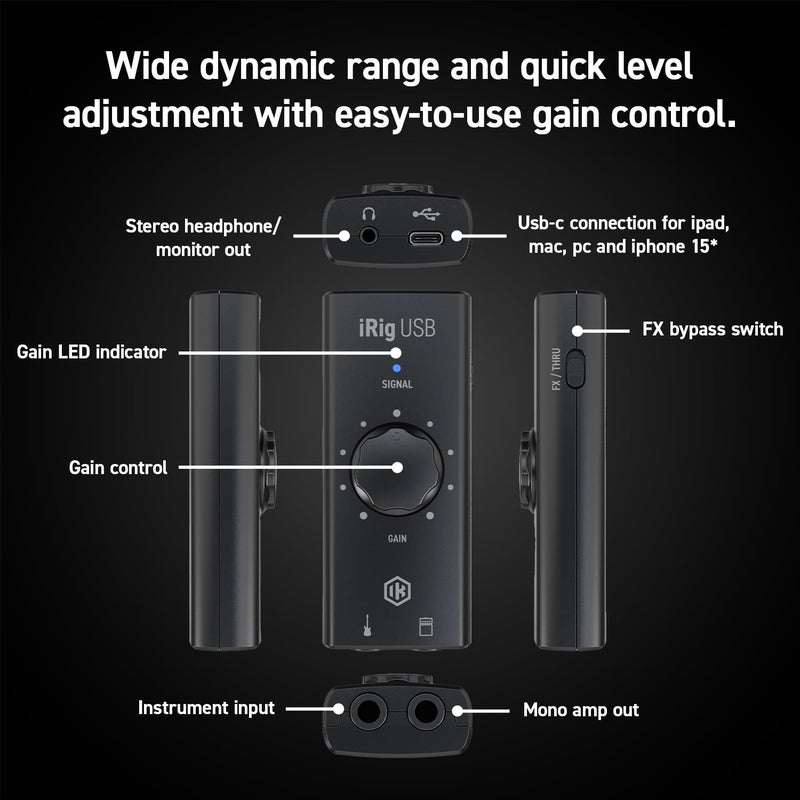 IK Multimedia iRig USB Guitar Audio Interface - 24-bit 48 kHz Music Recording Studio Equipment Include USB C Cable For iPad, Mac And PC, Guitar Accessories, Recording Device - Image 4