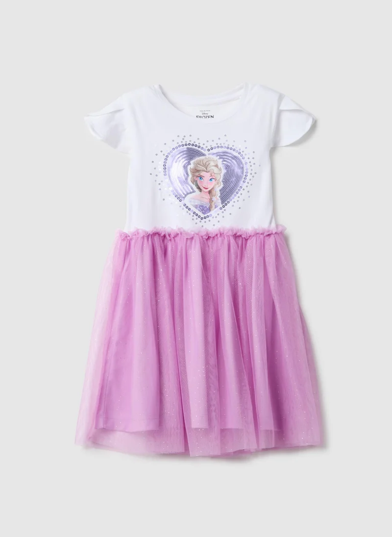 او في اس Ovs Regular Fit Stretch Cotton Dress For Girls With Frozen Print