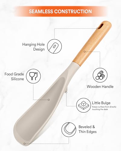 Badiano Cooking Spoon and Rice Scooper for Nonstick Cookwares, Great for Cooking and Serving Sturdy BPA-Free Matte Silicone, Wood Handle Spoon for Mixing, Scoop, and Scrape (KHAKI) - Image 3