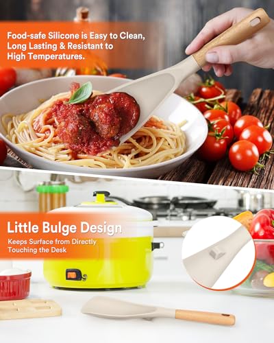 Badiano Cooking Spoon and Rice Scooper for Nonstick Cookwares, Great for Cooking and Serving Sturdy BPA-Free Matte Silicone, Wood Handle Spoon for Mixing, Scoop, and Scrape (KHAKI) - Image 4