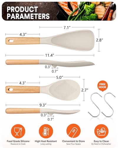 Badiano Cooking Spoon and Rice Scooper for Nonstick Cookwares, Great for Cooking and Serving Sturdy BPA-Free Matte Silicone, Wood Handle Spoon for Mixing, Scoop, and Scrape (KHAKI) - Image 2