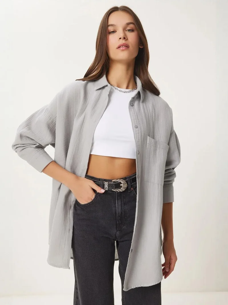 السعادة في إسطنبول ISTANBUL Oversized Textured Cotton Shirt with Pocket
