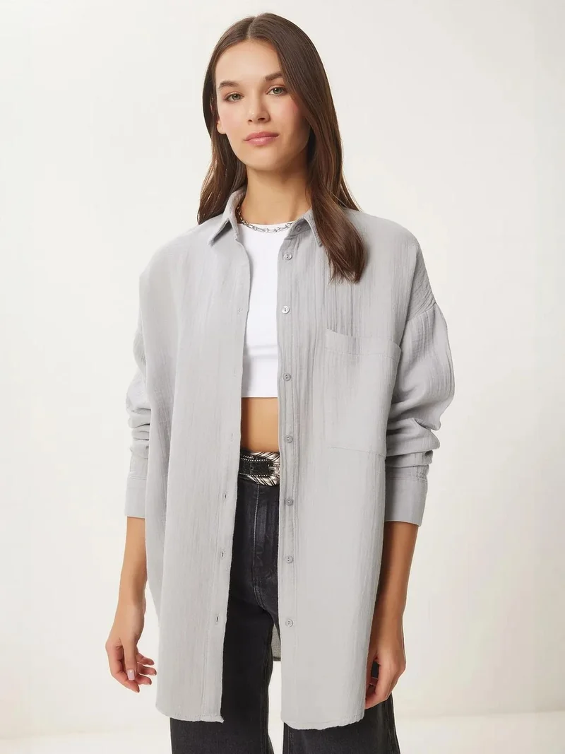 السعادة في إسطنبول ISTANBUL Oversized Textured Cotton Shirt with Pocket