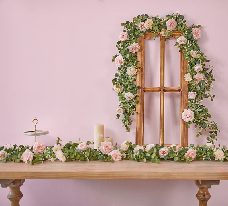 Anna's Whimsy 5.91FT Artificial Eucalyptus Garland with Flowers, Fake Rose Gypsophila Garland, Faux Floral Greenery Garlands for Wedding Spring Party Art Table Runner Decor (Pink, 1) - Image 5