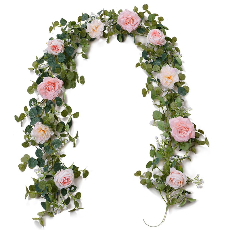 Anna's Whimsy 5.91FT Artificial Eucalyptus Garland with Flowers, Fake Rose Gypsophila Garland, Faux Floral Greenery Garlands for Wedding Spring Party Art Table Runner Decor (Pink, 1) - Image 1