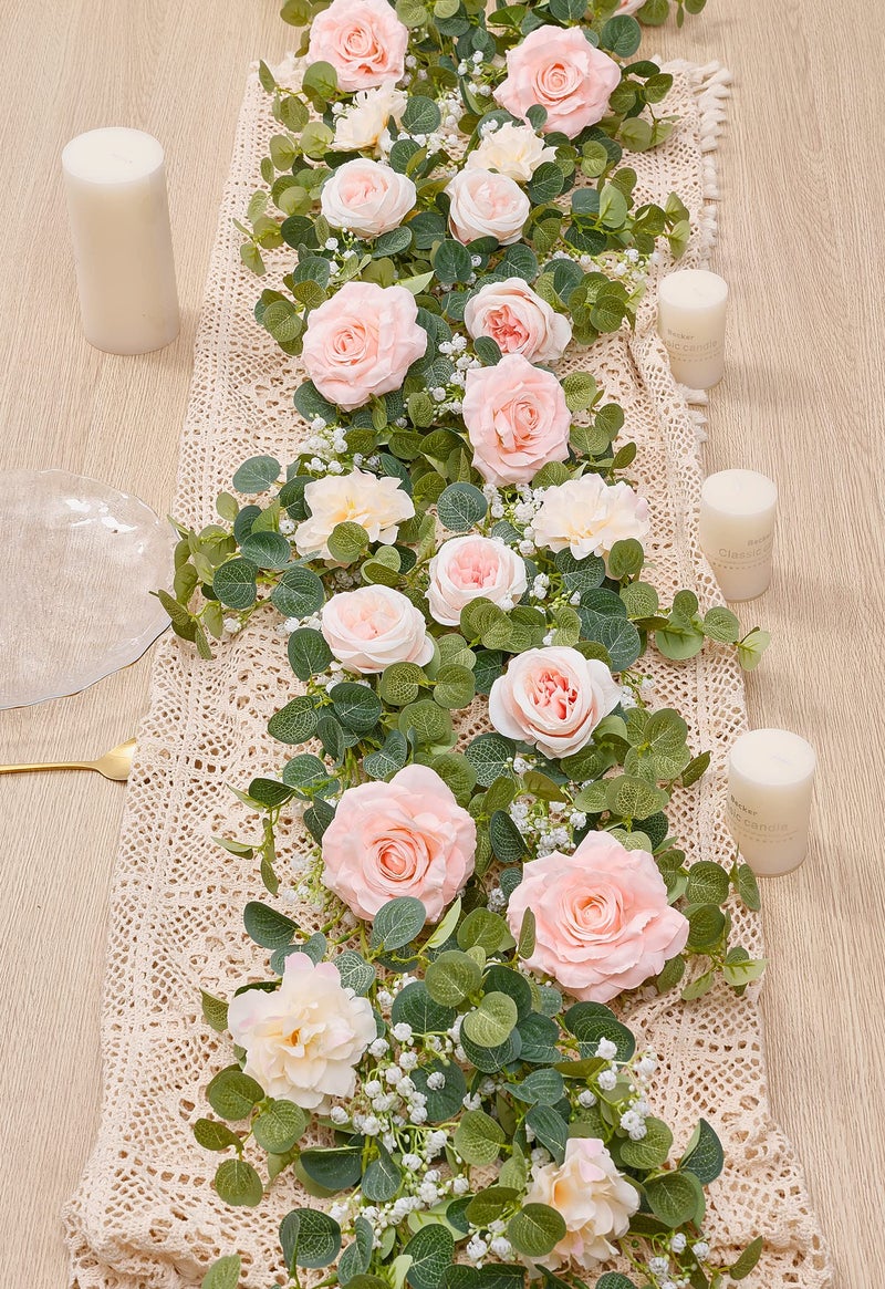 Anna's Whimsy 5.91FT Artificial Eucalyptus Garland with Flowers, Fake Rose Gypsophila Garland, Faux Floral Greenery Garlands for Wedding Spring Party Art Table Runner Decor (Pink, 1) - Image 2