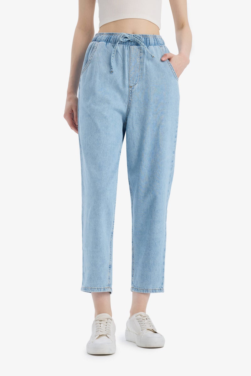 DeFacto Blue Woman Paperbag High Waist Straight Leg Long Soft Jeans Casual - Image 1