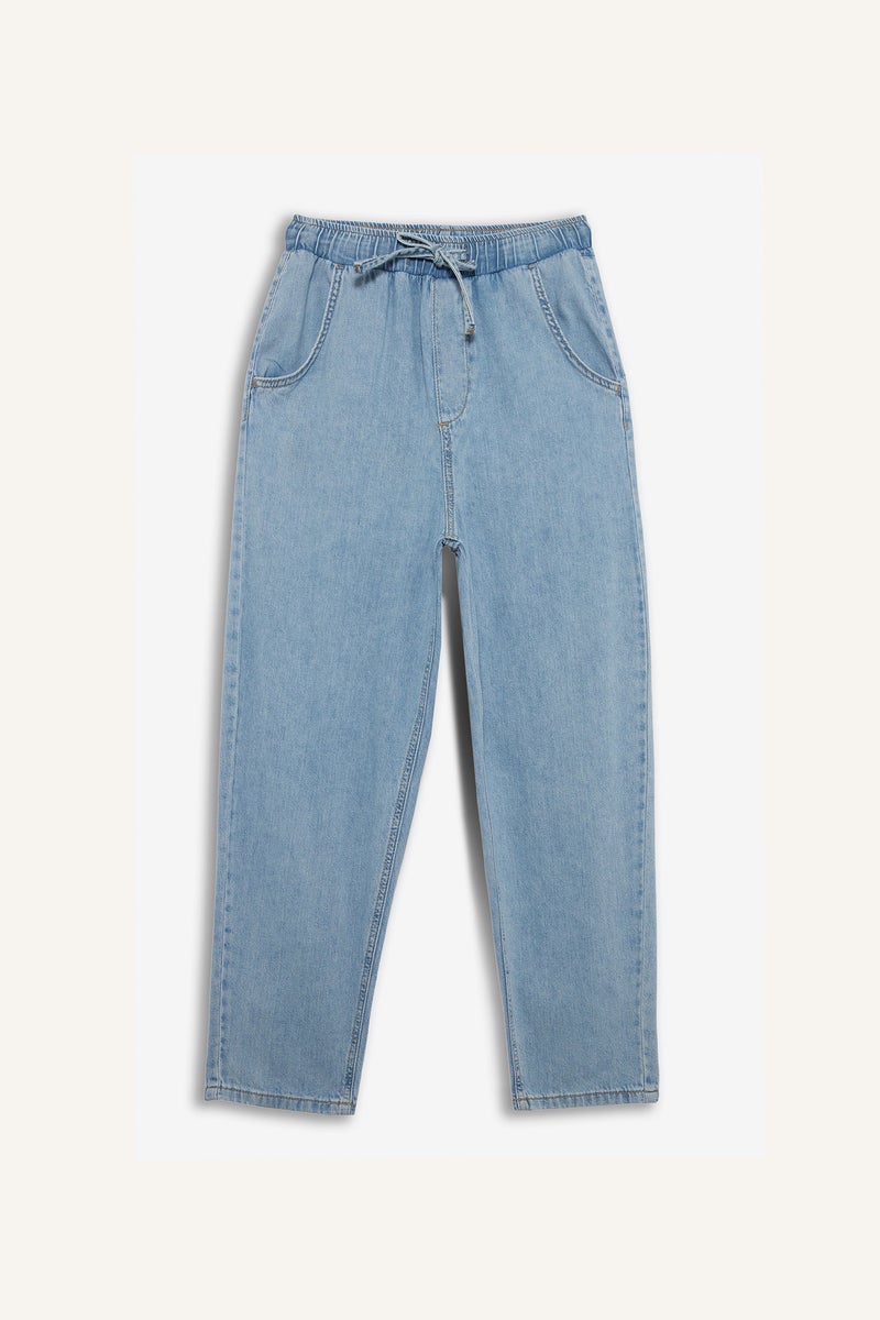 DeFacto Blue Woman Paperbag High Waist Straight Leg Long Soft Jeans Casual - Image 3