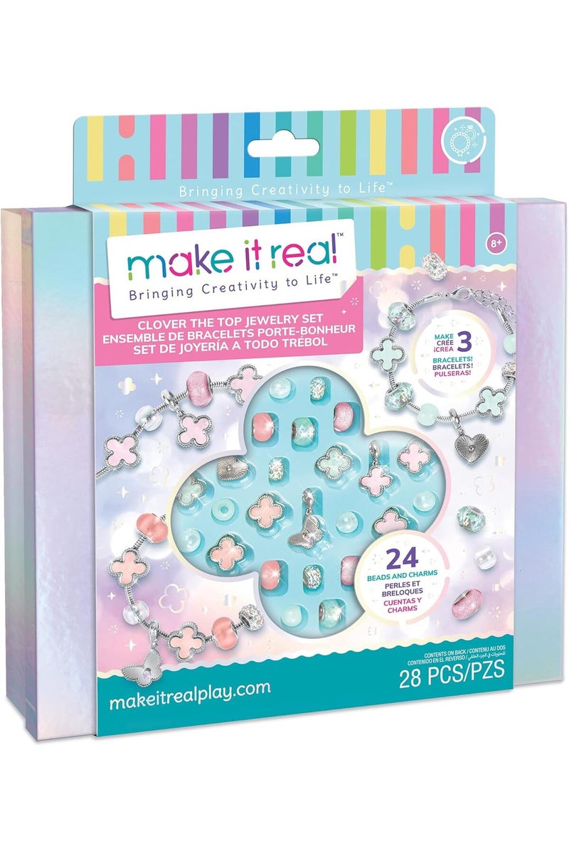 Make It Real Clover The Top - 28 pc DIY Jewelry Set, 3 Bracelets, Soft Pastel Beads & Charms - Image 1