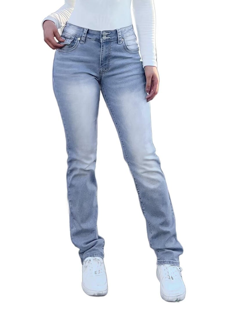 Flamingals Bootcut Jeans for Women Stretchy Mid Rise Double Button Wash Solid 90s Straight Leg Jeans Light Blue XL - Image 1