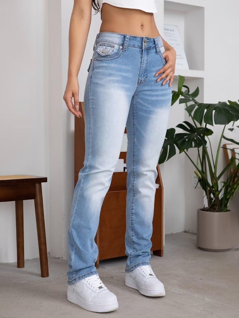 Flamingals Bootcut Jeans for Women Stretchy Mid Rise Double Button Wash Solid 90s Straight Leg Jeans Light Blue XL - Image 3