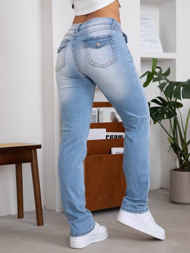 Flamingals Bootcut Jeans for Women Stretchy Mid Rise Double Button Wash Solid 90s Straight Leg Jeans Light Blue XL - Image 4
