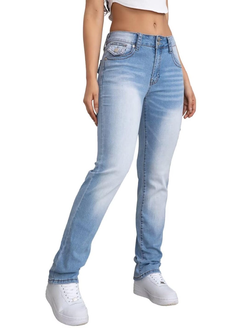 Flamingals Bootcut Jeans for Women Stretchy Mid Rise Double Button Wash Solid 90s Straight Leg Jeans Light Blue XL - Image 2