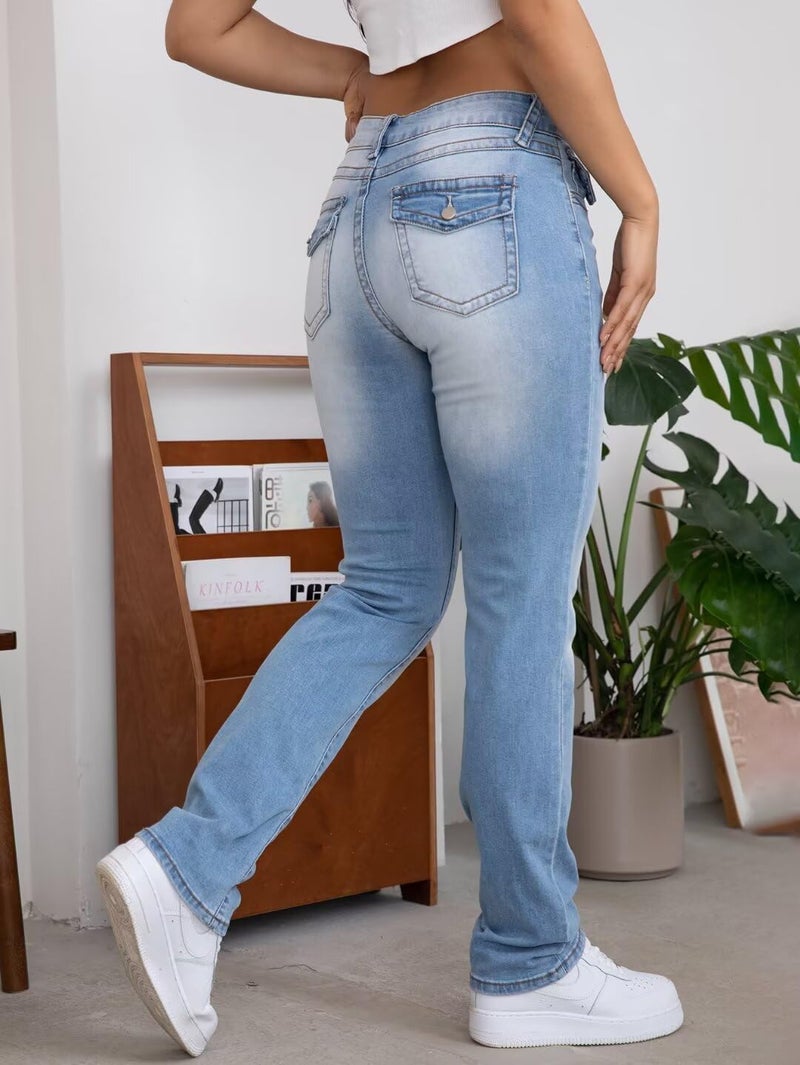 Flamingals Bootcut Jeans for Women Stretchy Mid Rise Double Button Wash Solid 90s Straight Leg Jeans Light Blue XL - Image 5