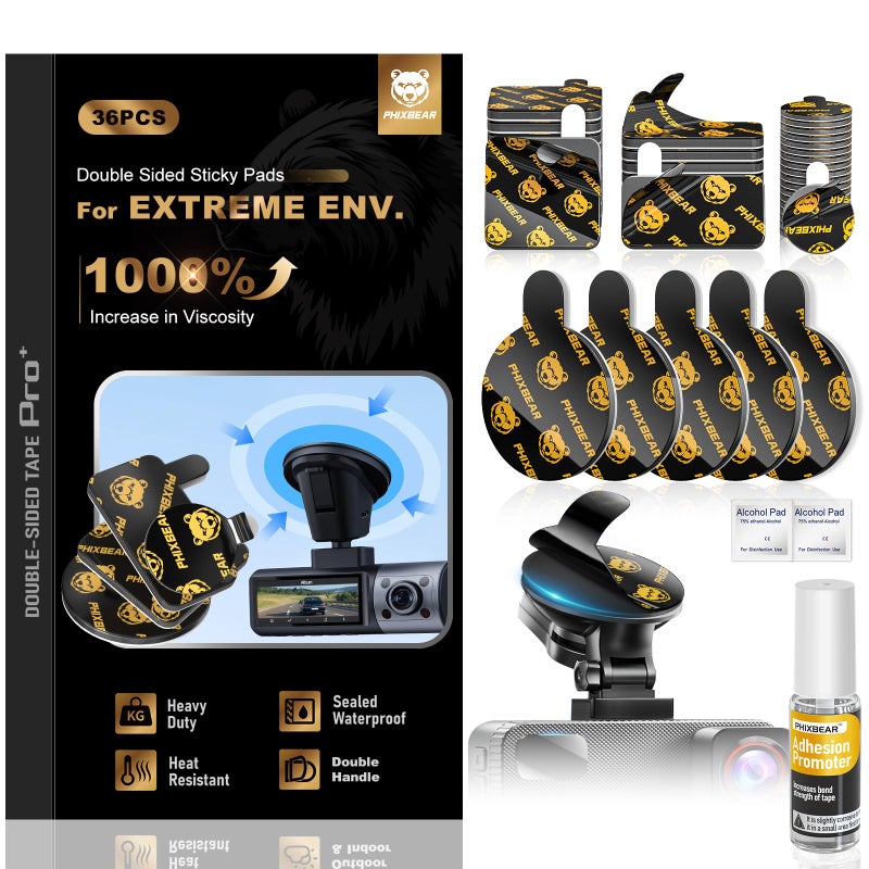 PHIXBEAR Extreme Env. Double Sided Sticky Pads for Dash Cam Mount - Outdoor Heavy Duty Strong Mounting Tape Waterproof Heat Resistant, 36Pcs 1â€™â€™ & 2â€™â€™ Adhesive Tape for Car Phone Holders - Image 1