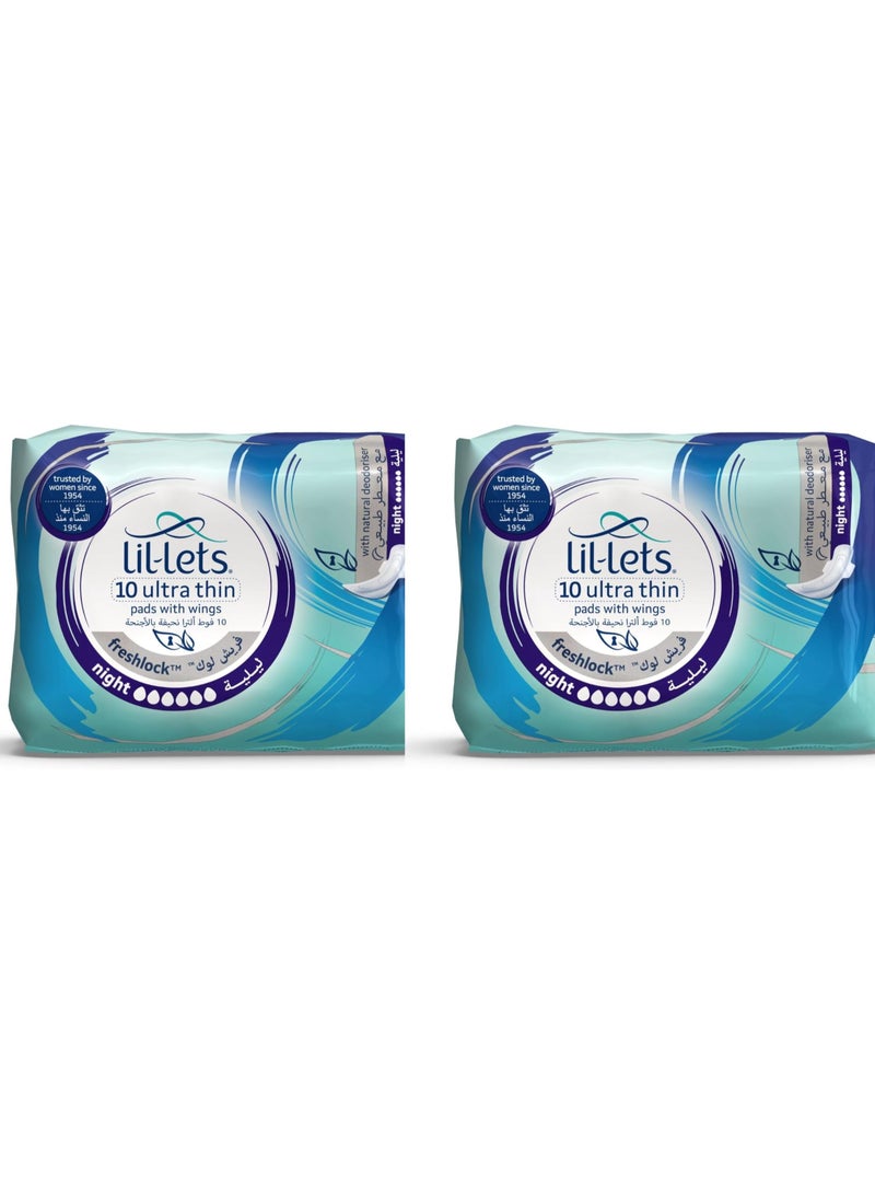 Lil-Lets 20 units(Twin Pack) Freshlock Ultra Thin Night Pads-Pads With Wings for Extra Security-Super Soft Cotton Feel-Leak Proof Protection-Amazing Comfort-With Natural Deodoriser-Fragrance Free