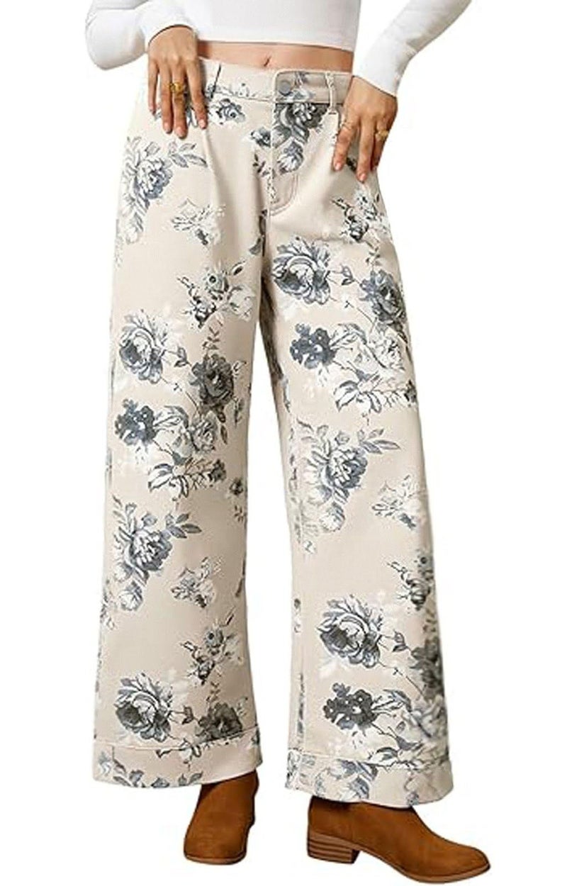 loveimgs Women Mid Rise Cropped Wide Leg Jeans Baggy Floral Ankle Pants Denim Capris Flare Print Boho Palazzo Jeans Boyfriend (X-Small,Beige White) - Image 1