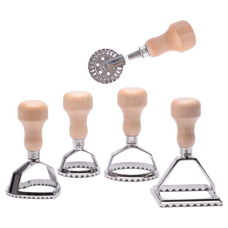 MASTER FENG MASTER FENG Ravioli Stamp Maker Cutter with Roller Wheel Set Mold with Wooden Handle and Fluted Edge Pasta Press Kitchen Attachment MF12456 