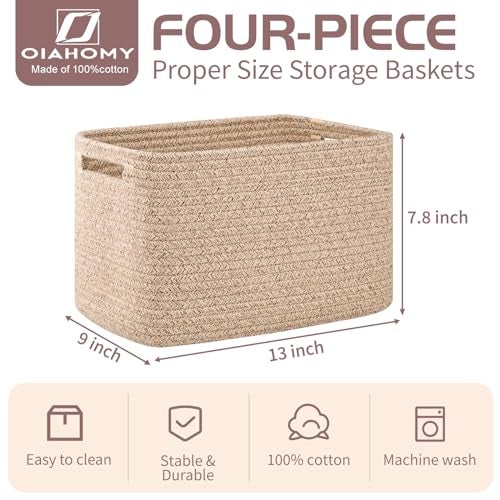 OIAHOMY 4 Pack Storage Baskets for Organizing, Cube Storage Bins for Shelves, Rectangle Storage Baskets With Handles, Woven Baskets for Storage, 12.7''Lx9''Wx7.8''H, Brown - Image 2