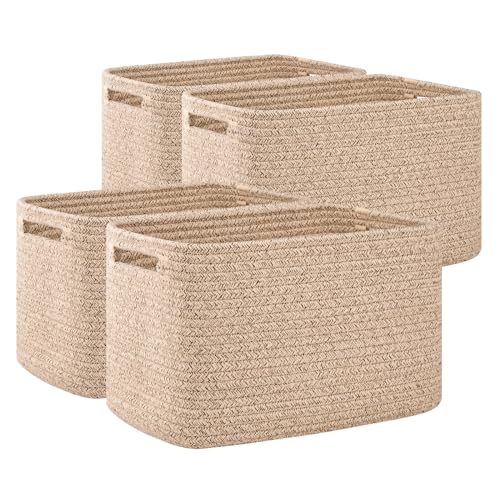 OIAHOMY 4 Pack Storage Baskets for Organizing, Cube Storage Bins for Shelves, Rectangle Storage Baskets With Handles, Woven Baskets for Storage, 12.7''Lx9''Wx7.8''H, Brown - Image 1