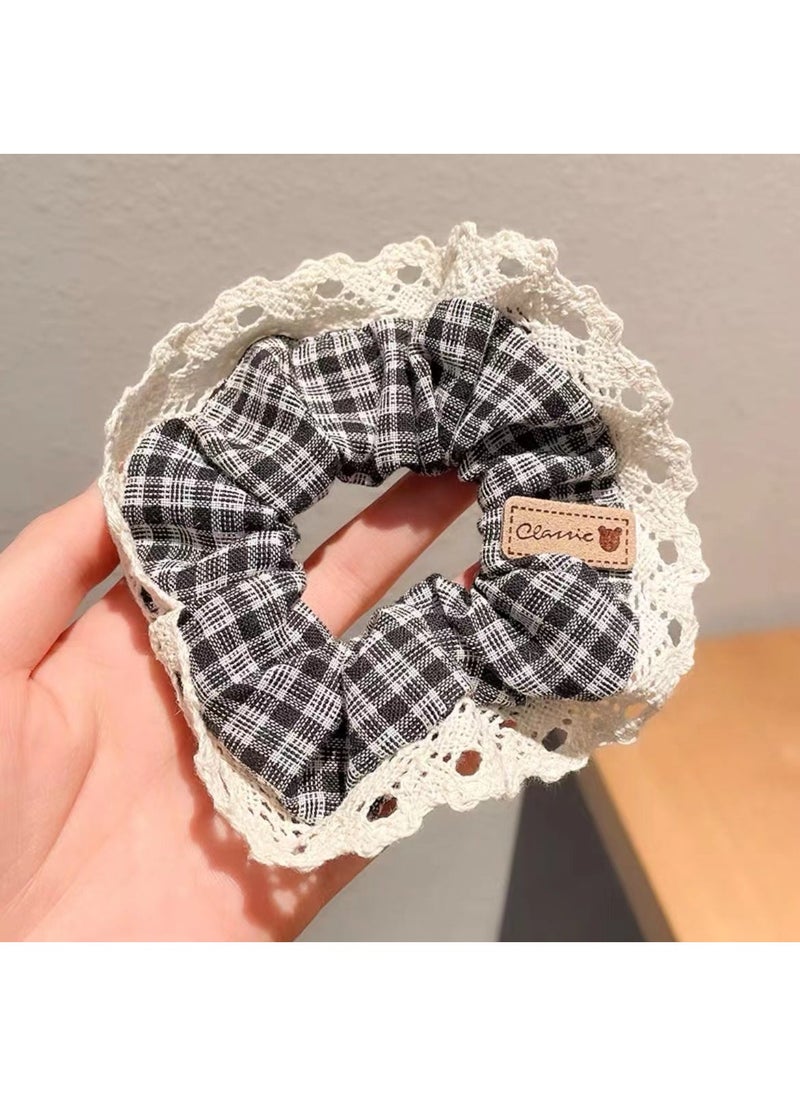 Loquat Chic Plaid Floral Scrunchie Ballet Pink Bow Hair Tie Lace black plaid