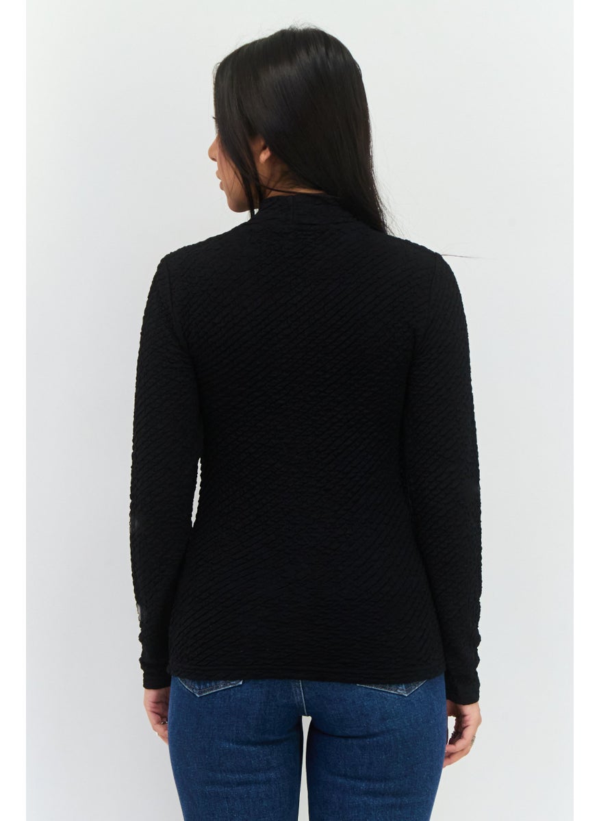 Selected Homme Women Mock Neck Long Sleeve Textured Top, Black  - Image 3