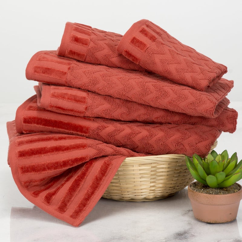 Lavish Home 6-Piece Cotton Deluxe Plush Bath Towel Set â€“ Chevron Patterned Plush Sculpted Spa Luxury Decorative Body, Hand and Face Towels (Brick), 27"x54"x0.25" - Image 2
