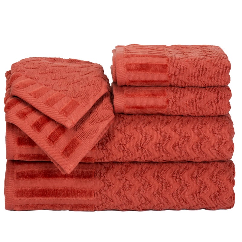 Lavish Home 6-Piece Cotton Deluxe Plush Bath Towel Set â€“ Chevron Patterned Plush Sculpted Spa Luxury Decorative Body, Hand and Face Towels (Brick), 27"x54"x0.25" - Image 1