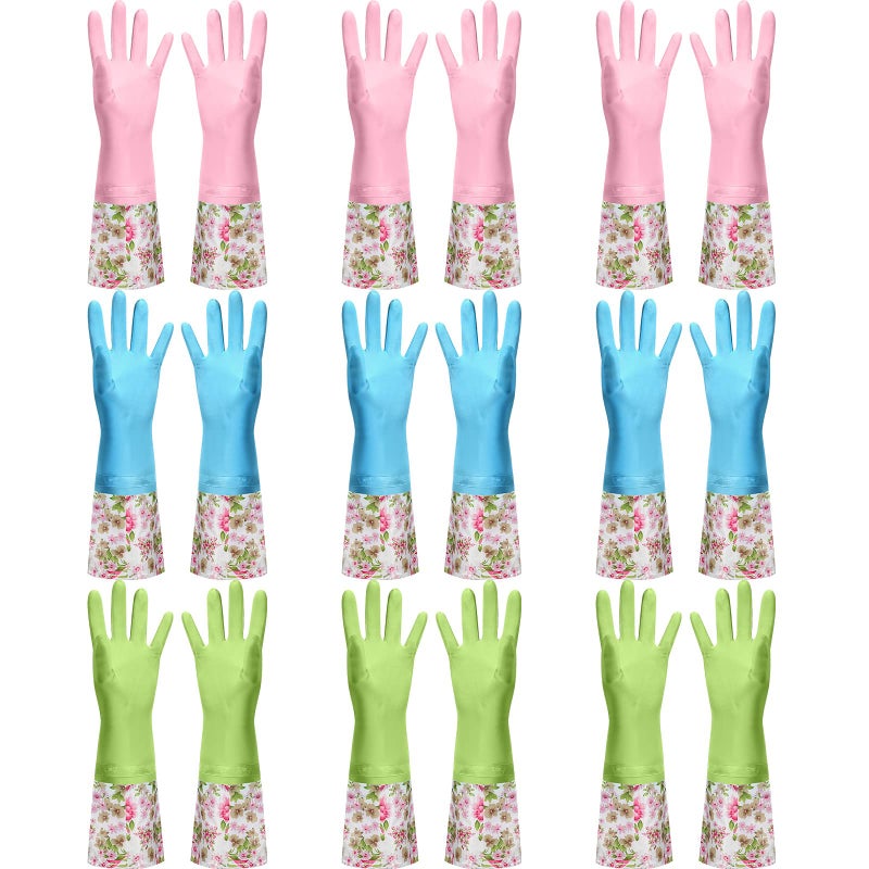 Mimorou 9 Pairs Household Dishwashing Rubber Gloves Long Cuff and Flock Lining Cleaning Gloves Reusable Waterproof - Image 2