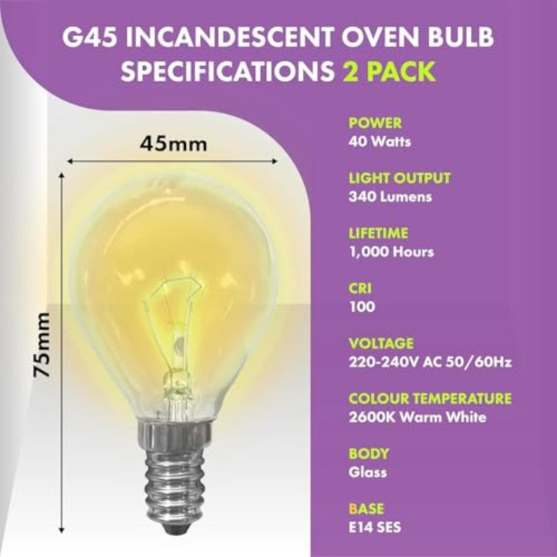 Oven bulb for kitchen appliances, heat-resistant glass, warm white, dimmable, 40W E14 SES G45 with 340 lumens, pack of 2 - Image 4