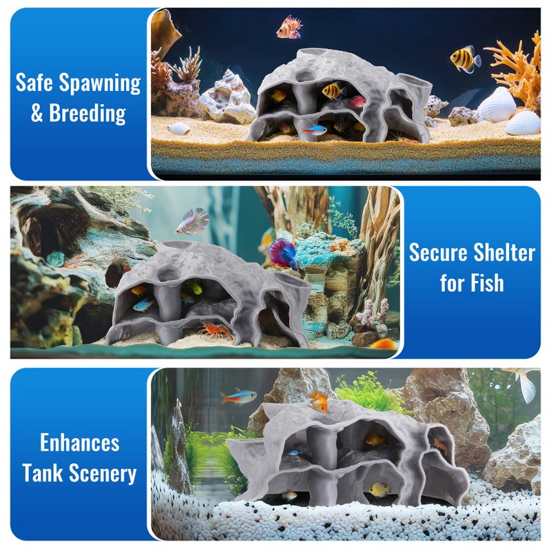 Avenuebool Aquarium Cave Three Hole, 3D Rock Texture Fish Tank Tunnel & Hideout, Natural Under Gravel Aquarium Decor for Small Fish, Shrimp, Corydoras, Kuhli Loach, Hermit Crabs - Image 4