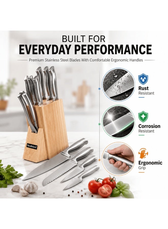 HausRoland Haus Roland 8Piece  Ultra-Sharp High Carbon SS Kitchen Knife Set with Wooden Block & Sharpener Ultra Sharp Knives Set Ergonomic Hollow Handles Dishwasher Safe - Image 5