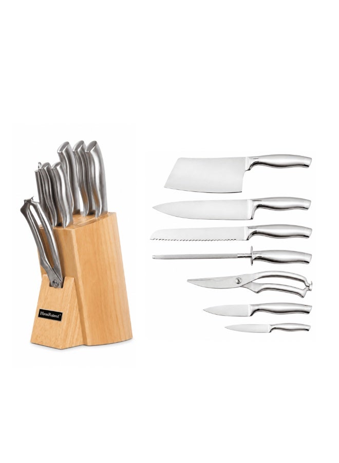 HausRoland Haus Roland 8Piece  Ultra-Sharp High Carbon SS Kitchen Knife Set with Wooden Block & Sharpener Ultra Sharp Knives Set Ergonomic Hollow Handles Dishwasher Safe - Image 1