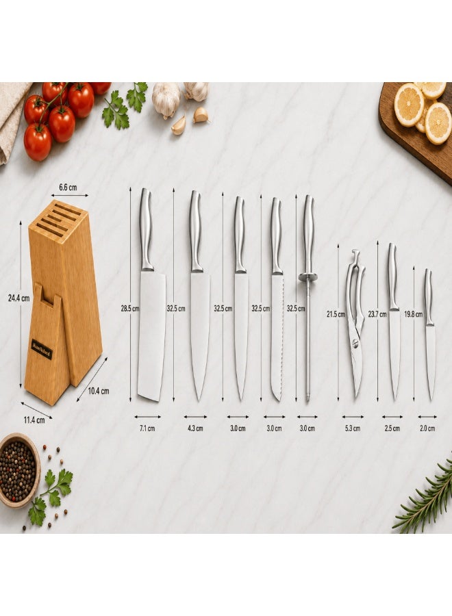 HausRoland Haus Roland 8Piece  Ultra-Sharp High Carbon SS Kitchen Knife Set with Wooden Block & Sharpener Ultra Sharp Knives Set Ergonomic Hollow Handles Dishwasher Safe - Image 2