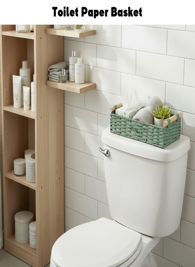MIDLADE Small Bathroom Storage Baskets for Shelves Organizing Paper Rope Woven Basket for Bathroom, Office, Toilet Tank Top, Sage Green Wicker Baskets with Handle for Gifts, Spring, Bathroom, Home Decor - Image 2