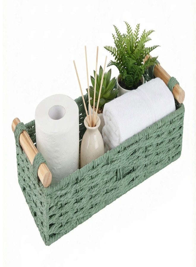 MIDLADE Small Bathroom Storage Baskets for Shelves Organizing Paper Rope Woven Basket for Bathroom, Office, Toilet Tank Top, Sage Green Wicker Baskets with Handle for Gifts, Spring, Bathroom, Home Decor - Image 1